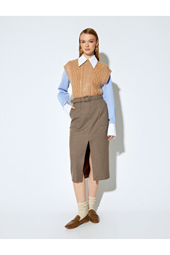Koton Melis Ağazat - Houndstooth Patterned Midi Pencil Skirt with Slit Pockets and Belt