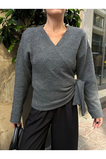 Laluvia Anthracite Daisy Side Tie Sweater - 241162