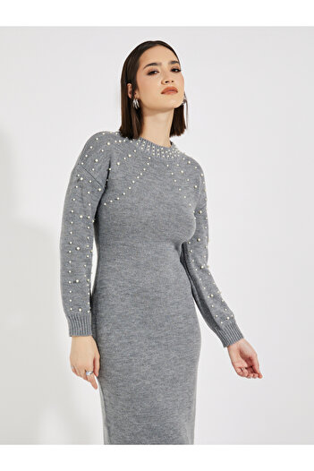 Styli Faux Pearl Studded Knit Sweater Midi Dress