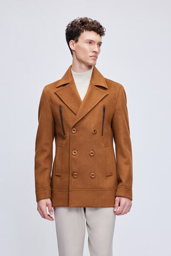 Hatemoğlu Camel Slim Fit Plain Double Breasted Wool Stamp Coat