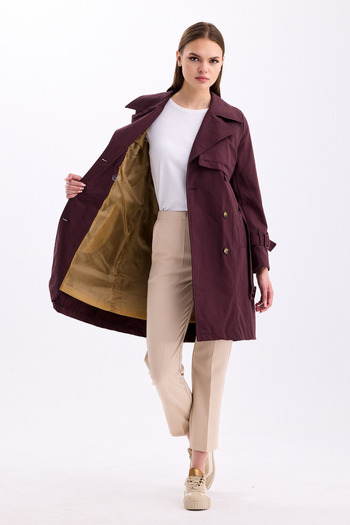 PASTELASTORE Bitter Brown 100% Cotton Gabardine Midi (95cm) Lined Belted Women's Trench Coat 1113