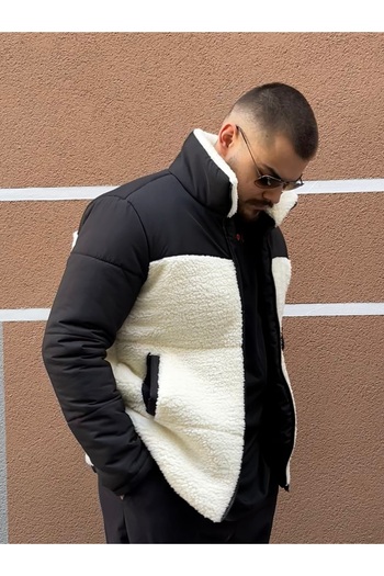 STONCS Men's Ecru Style Collar Plush Coat