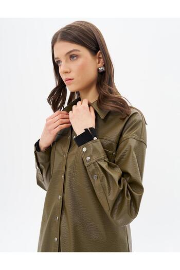 Kayra Khaki Faux Leather Snap Jacket