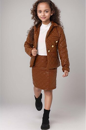 Riccotarz High-Top Sweater Quilted Detailed Jacket Leather Brown Skirt Suit