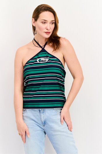 Asos Design Women Halter Neck Sleeves Stripe, Navy Blue