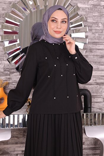 Modamihram Pearl and Stone Detailed Suit Black 19135