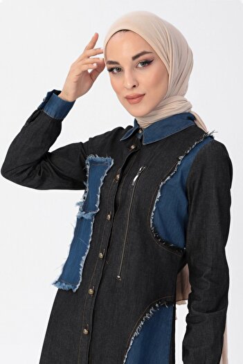 Modamihram Zipper Detailed Hijab Denim Combination Black 10074