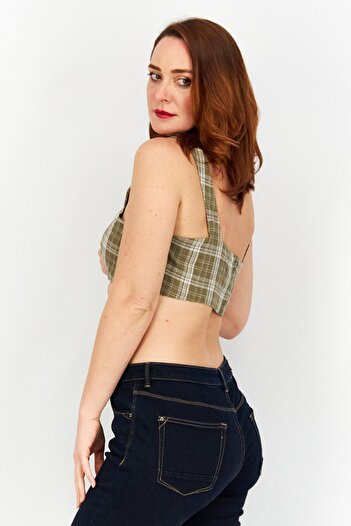Asos Design Women Square Neck Sleeveless Checkered Cropped Top, Khaki