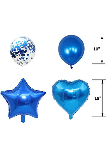 Paparti Mavi Kalp Yıldız Folyo Balon Seti Helyuma Uygun Doğum Günü Parti Dekorasyon Süsleme Seti