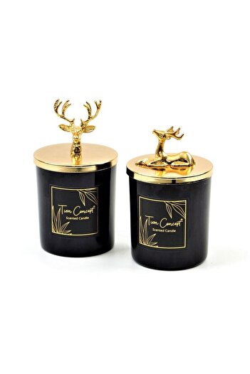 Tiem Concept Yılbaşı Dekoratif Özel Tasarım Gold Geyik Başlıklı 2 'li Siyah Bardak Mum Seti