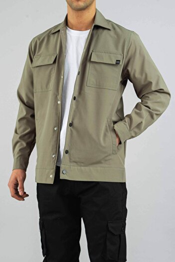 bombe Men's Shirt Khaki Parachute Fabric Relaxed Fit Seasonal Snap Closure Flap Side Pocket Coat