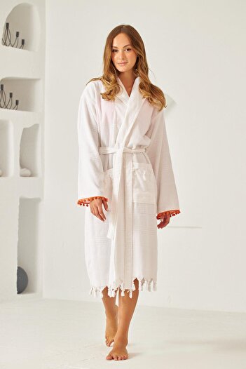 Katia&Bony White Crab Printed Women's Peshtemal Bathrobe