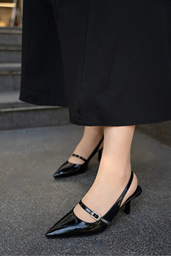 LAMİNTA Rennes Black Buckle Detailed Pointed Toe Belt Tied Women's Heeled Shoes