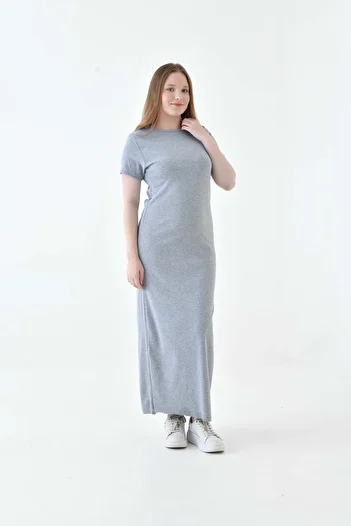 mirach Ribbed Knitwear Dress - Short Sleeve, Flexible Lycra, Oversize, Maxi Maxi Length