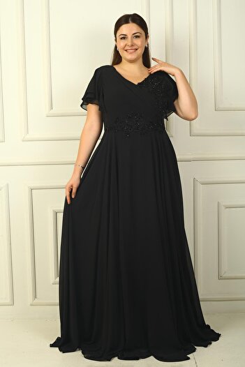 By Saygı V-Neck Bead Embroidered Draped Long Chiffon Dress - Plus Size Lined