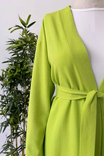 Ka Hijab Light Green Linen Hijab Kimono - Long Belted