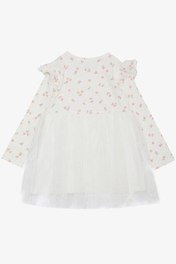 Breeze Girl's Long Sleeve Dress Floral Print Frilly Bow Age 3-7 Ecru