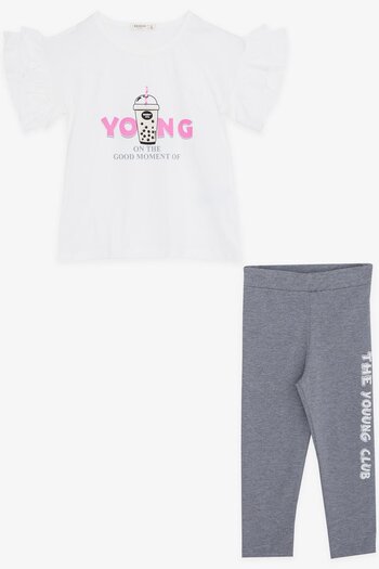 Breeze Ecru Capri Suit for 5-10 Years Old Girl - Text Printed and Ruffled Sleeves