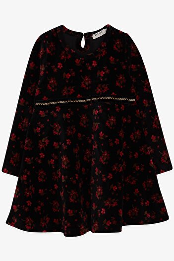 Breeze 2-6 Years Girl's Black Floral Patterned Velvet Dress