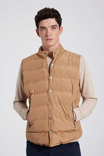 Twn Slim Fit Camel Απλό Γιλέκο Παλτό