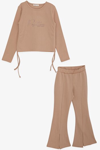 Breeze Girl's Flare Leg Tights Set Text Embroidered Corded 6-12 Years, Beige
