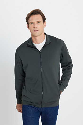 AC&Co / Altınyıldız Classics Men's Khaki Cotton Interlock Fabric Zip Pocket Stretchy Sweatshirt Jacket Standard Fit Stand Collar