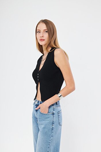 Irmak Kerekli Women's Black Ribbed Vest and Blouse - Y3107