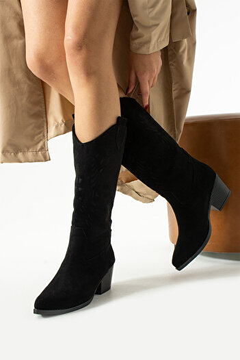 Moda Devrin Black Laser Suede Western Long Cowboy Boots