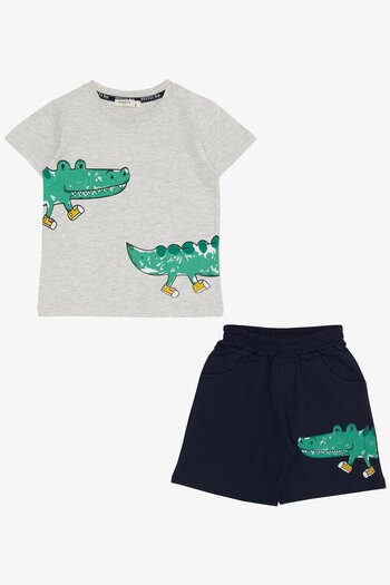 Breeze 2-6 Years Old Boy Shorts Set - Dressed Crocodile Print, Light Gray Melange