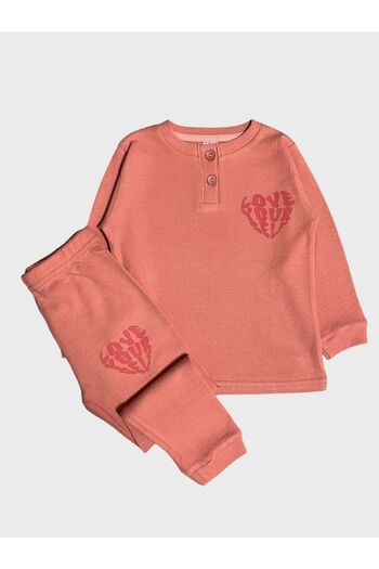elmas kids Girls' Cotton Waffle Fabric Orange Love Print Long Sleeve Pajamas Set