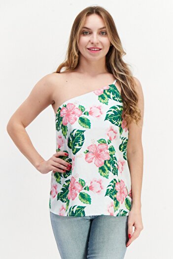 SUNDEK Women Asymmetrical Neck One Shoulder Sleeve Floral Print Top, White