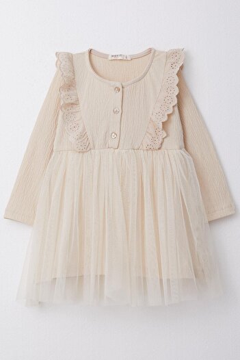 Breeze Beige Colored Girl's Long Sleeve Laced Dress - 1.5-5 Years