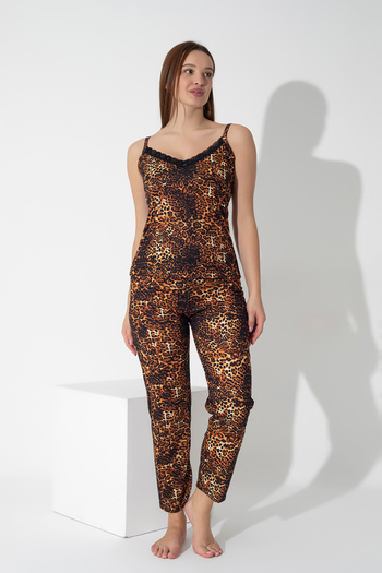 ModaLeaf Leopard Print Lace Detailed Women's Rope Strap Pajamas Set - 202