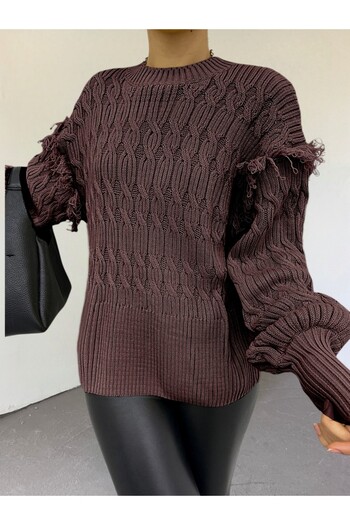 Modamorfo Balloon Sleeve Tasseled Knitwear Sweater -Brown