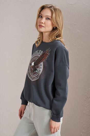 TENA Γυναικεία Smoked Crew Neck Eagles με στάμπα με τρεις κλωστές Basic φούτερ