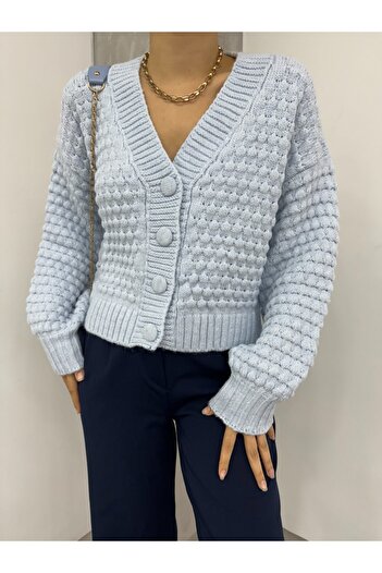 Modamorfo Embossed Knitted Buttoned Sweater Cardigan - Baby Blue