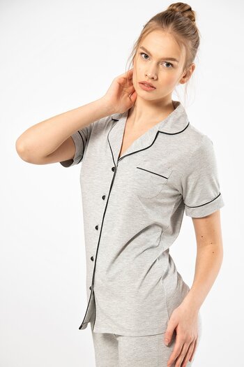 TÜREN 3368 Women's Short Sleeve Shirt Collar Pajama Set-Grey