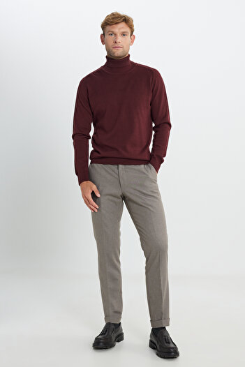 ALTINYILDIZ CLASSICS Men's Burgundy Cotton Standard Fit Regular Fit Full Turtleneck Jacquard Knitwear Sweater
