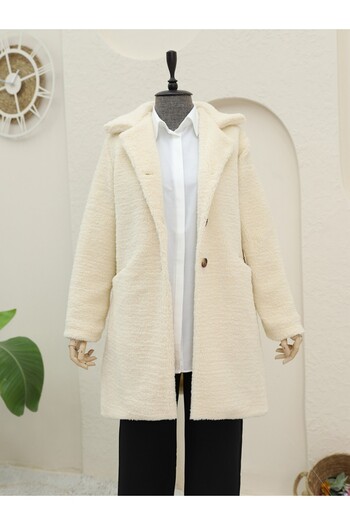 Modamorfo Beige Plush Coat with Buttons, Lining and Front Pocket