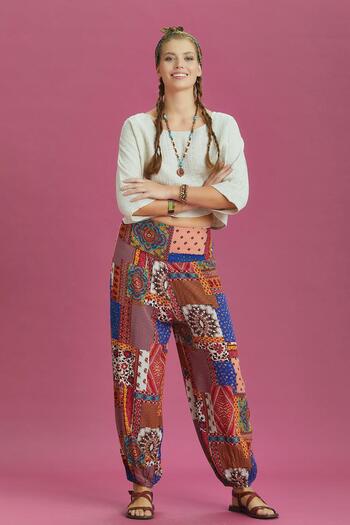 Los banditos Pantaloni largi Shalwar cu model albastru cu talie elastică