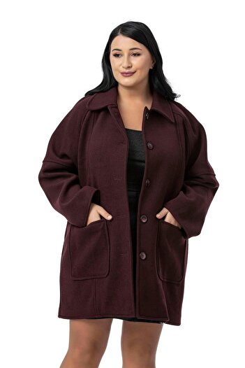 DISENTIS MODEST Plus Size Shirt Collar Raglan Sleeve Bag Pocket Unlined Stamp Short Burgundy Coat