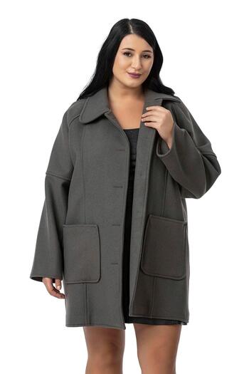 DISENTIS MODEST Plus Size Shirt Collar Raglan Sleeve Bag Pocket Unlined Stamp Short Gray Coat