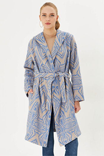 armonika Women's Blue Hooded Elastic Waist Pocket Detailed Coat Arm-25K 001054