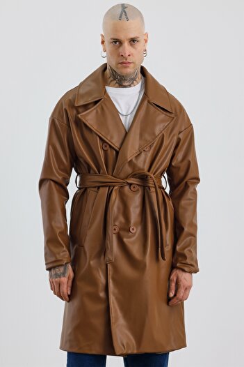 MADZEYMODA Чоловічий шкіряний тренчкот - преміум, зручний крій, підкладка, комір-краватка Mz56129