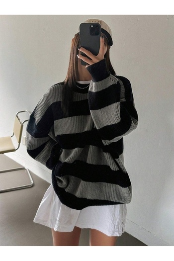 Dier Moda Γυναικείο Πλεκτό Γκρι Ριγέ Πουλόβερ Oversize