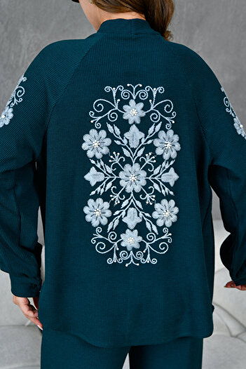 Miss Allos Women's Back and Sleeves Embroidered Pearl Detailed Knitted Knitwear Kimono Jacket and Trousers Bottom Top Set