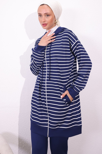 benguen Navy Blue 4513 Striped Double Set