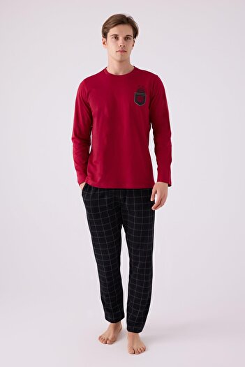 Arnetta Claret Red Plaid Men's Long Sleeve Pajama Set - Pocketed, 100% Cotton