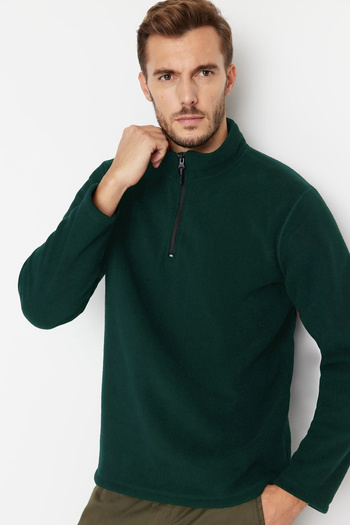 Trendyol Collection Σμαραγδένιο φούτερ με φερμουάρ Anti-pilling Fleece - Stand Collar, Regular Cut TMNAW23SW00395