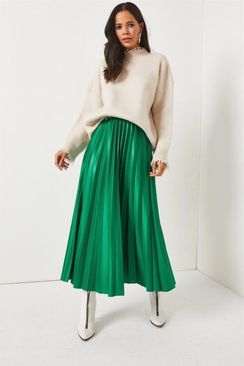 Olalook Grass Green Leather Appearance Pleated Bell Skirt ETK-19000233
